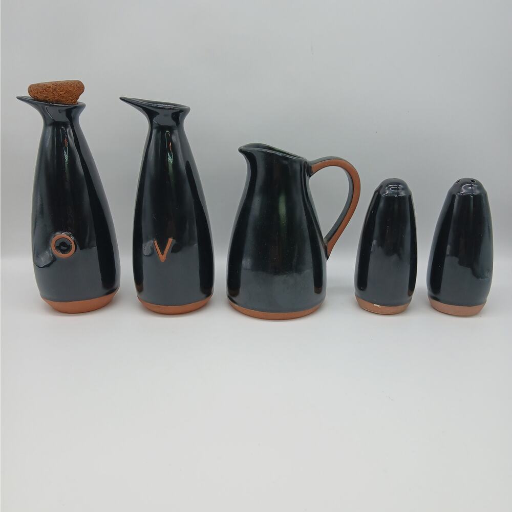 VTG MCM Dansk Glazed Ceramic Oil & Vinegar Cruet Pitcher Salt & Pepper Set of 5
